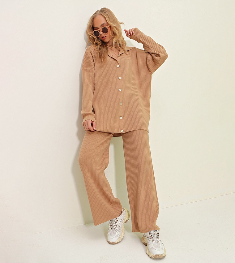 Button Down Knitted Shirt and Pant Set