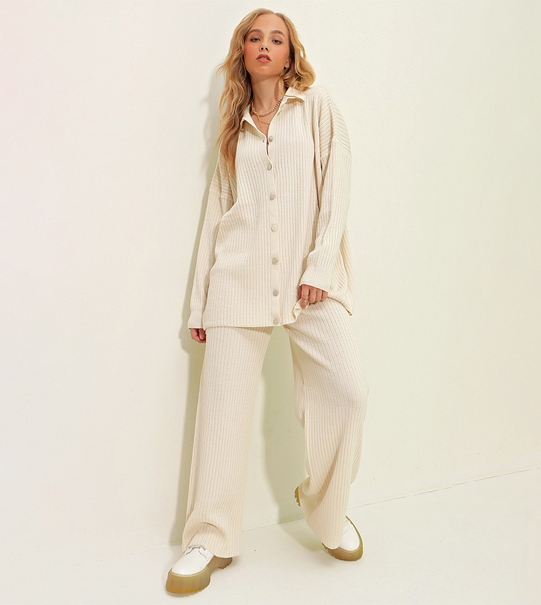 Button Down Knitted Shirt and Pant Set