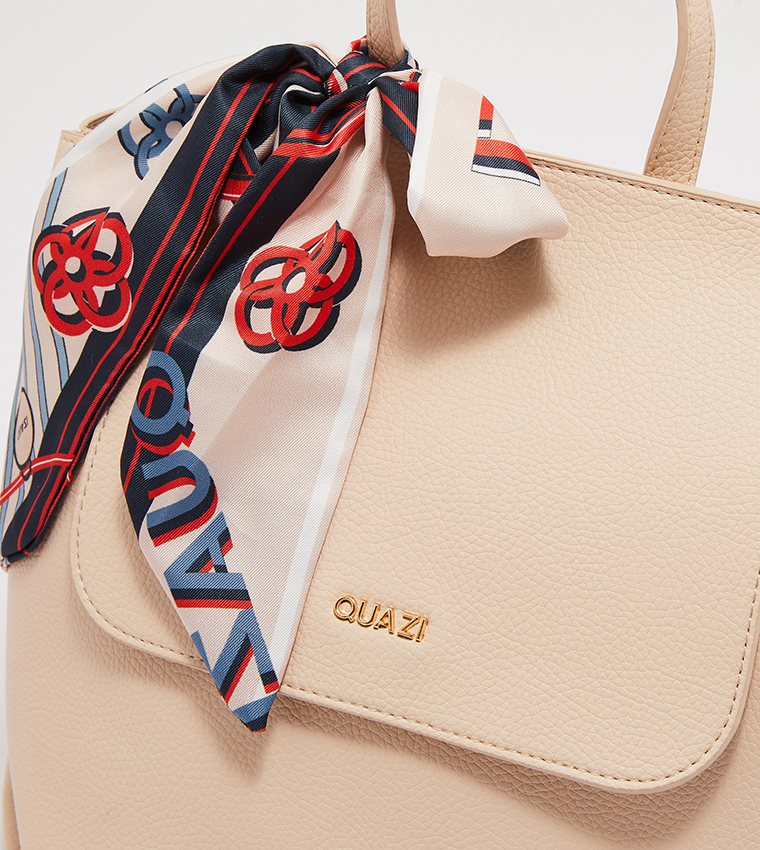 Buy Quazi @ CCC Textured Flap Backpack With Scarf In Beige  display picture 3