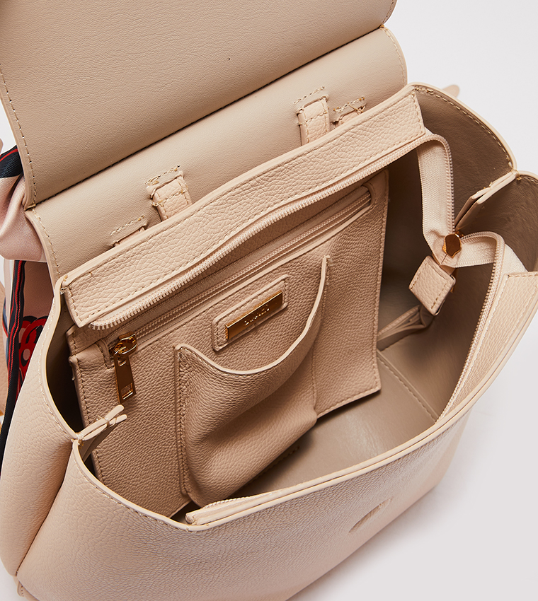 Buy Quazi @ CCC Textured Flap Backpack With Scarf In Beige 