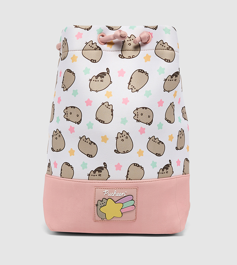 Cute Cat Print Pastel Stars Drawstring Backpack