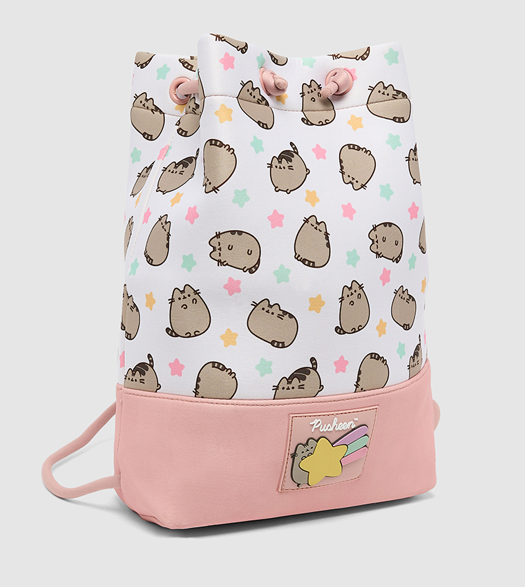 Cute Cat Print Pastel Stars Drawstring Backpack