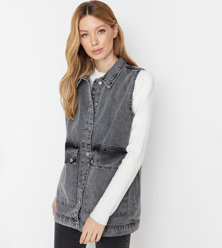 Buy Trendyol Pocket Detail Denim Vest Jacket In Grey 6thStreet UAE