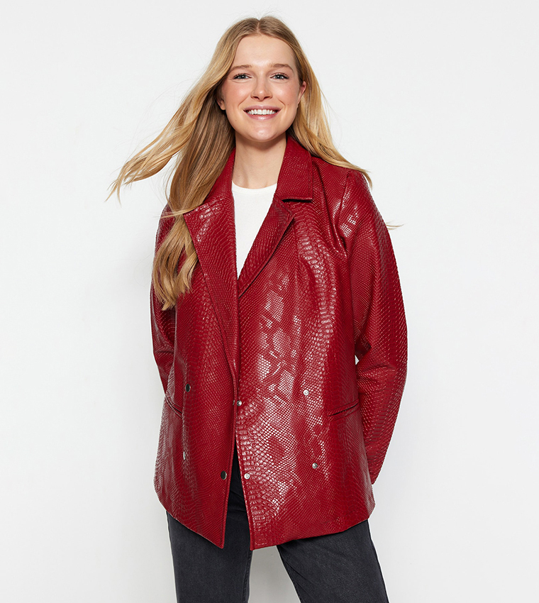 Buy Trendyol Croc Textured Laux Leather Blazer In Burgundy 6thStreet UAE