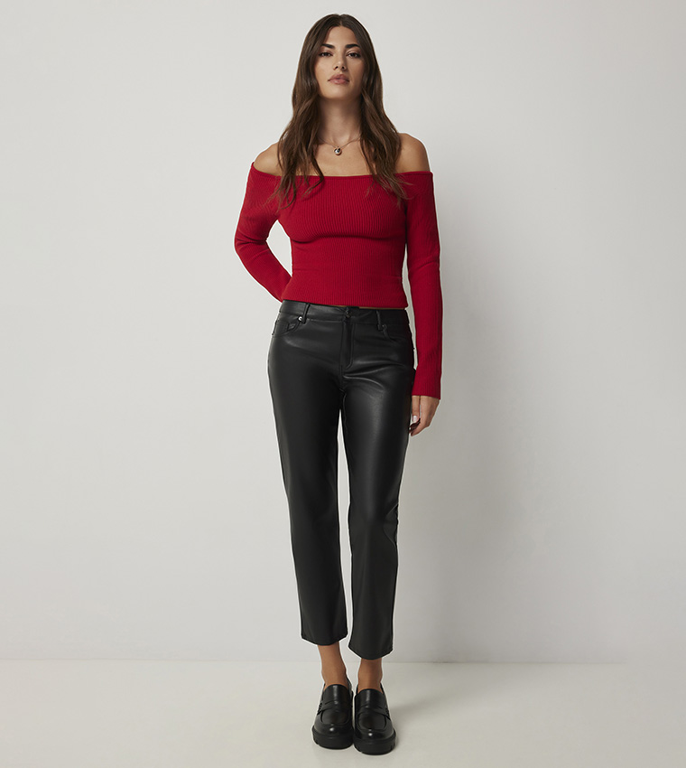 Mid Rise Faux Leather Trousers