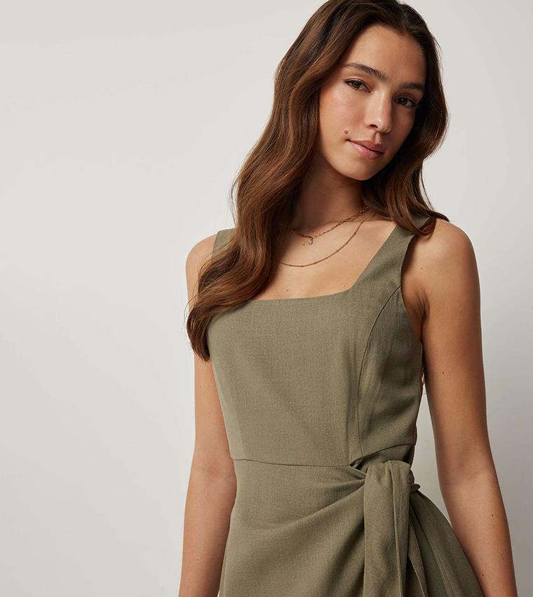 Linen Blend Midi Wrap Dress