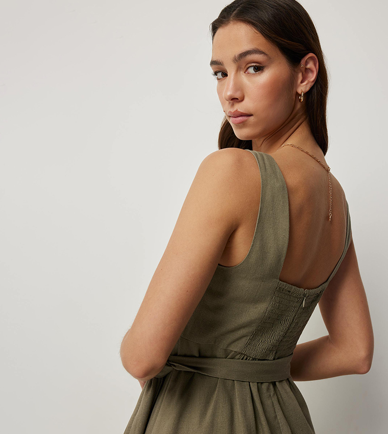 Linen Blend Midi Wrap Dress