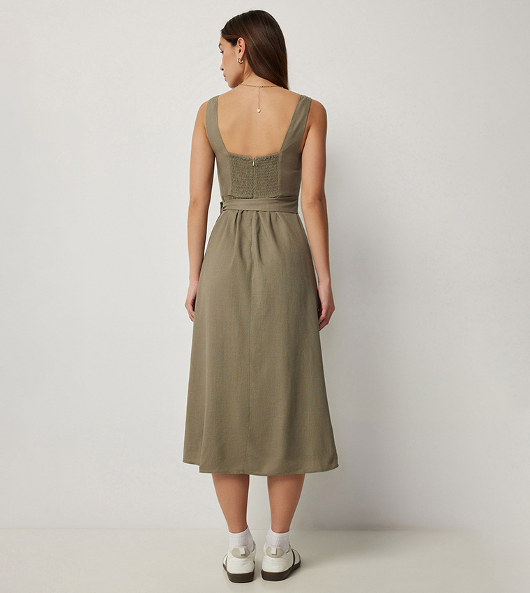 Linen Blend Midi Wrap Dress