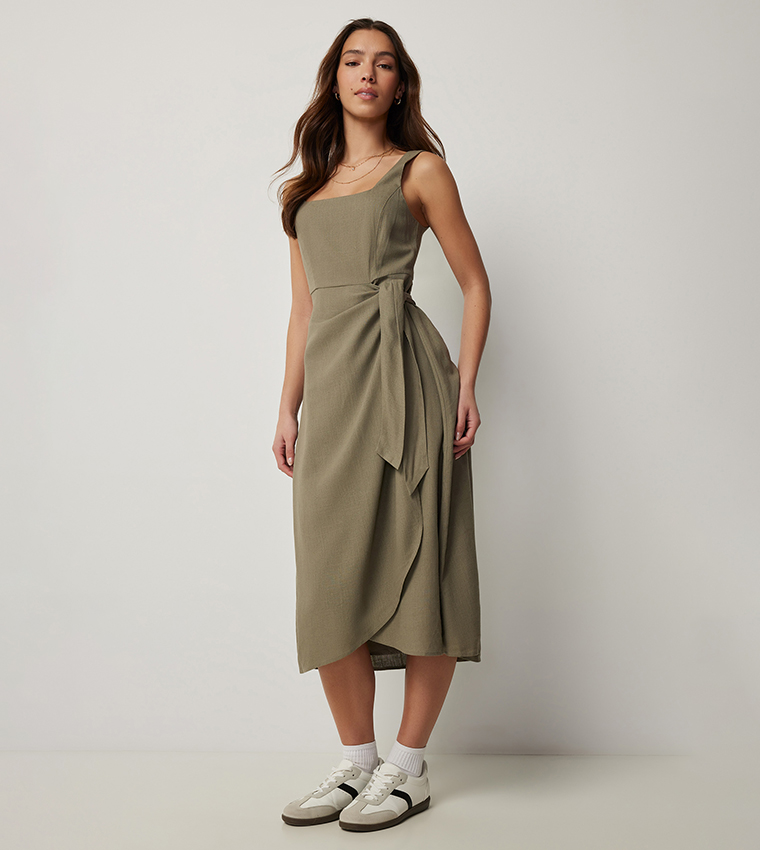 Linen Blend Midi Wrap Dress