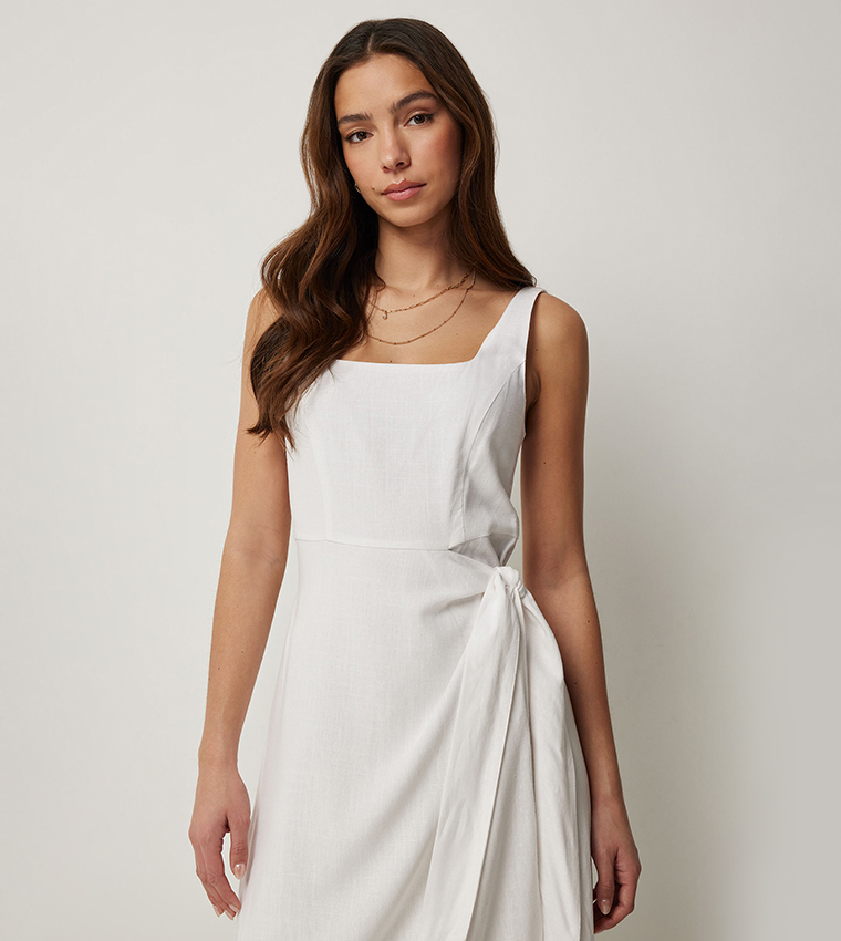 Linen Blend Midi Wrap Dress