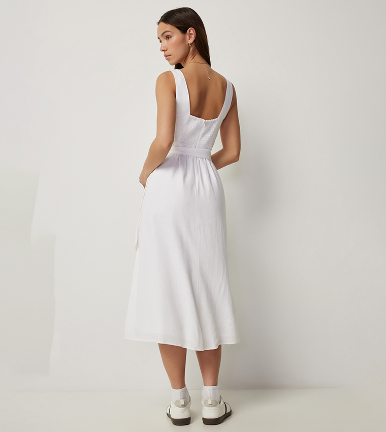 Linen Blend Midi Wrap Dress