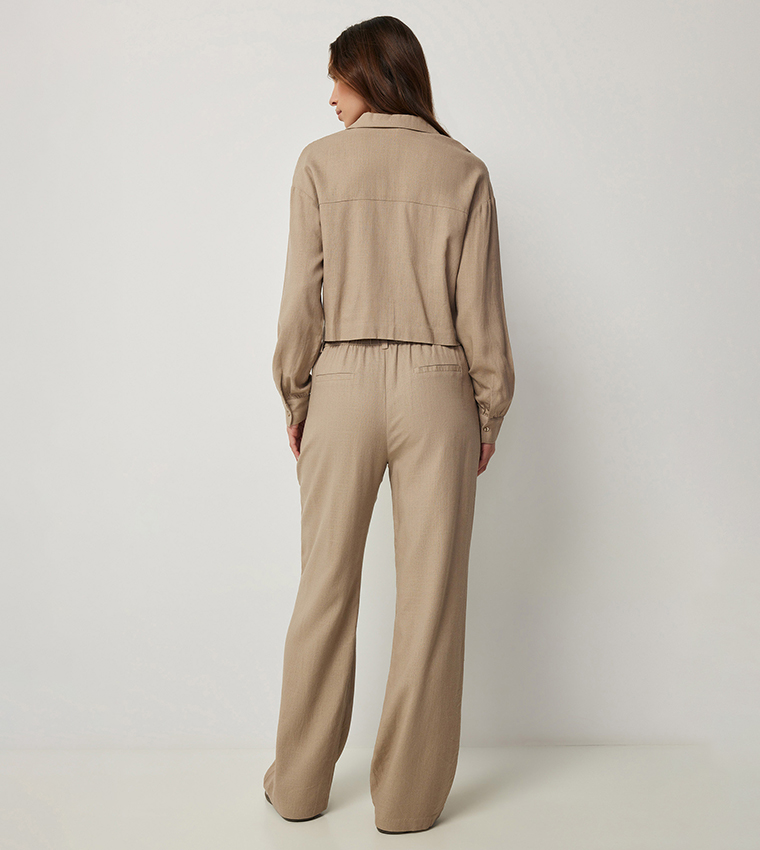 High Rise Linen Blend Pleated Trousers