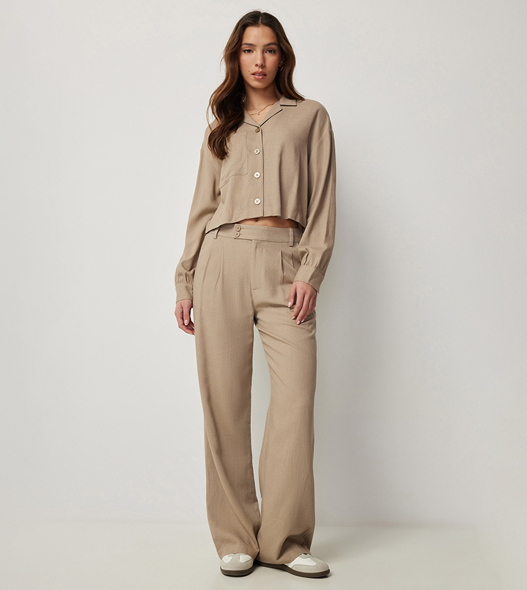 High Rise Linen Blend Pleated Trousers