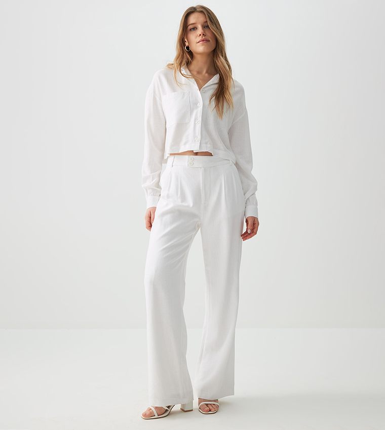 High Rise Linen Blend Pleated Trousers