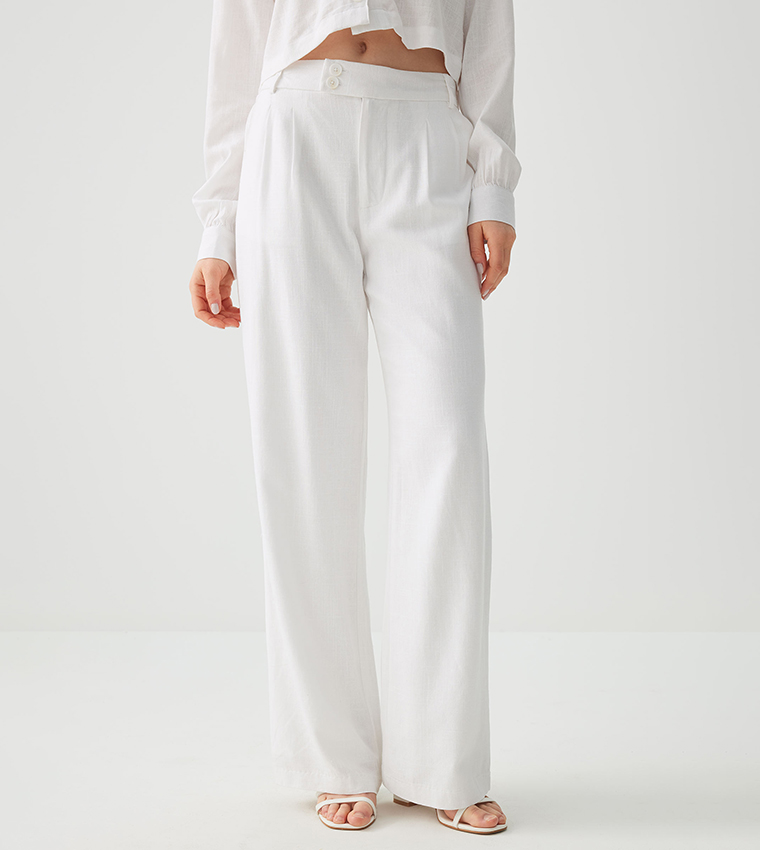 High Rise Linen Blend Pleated Trousers