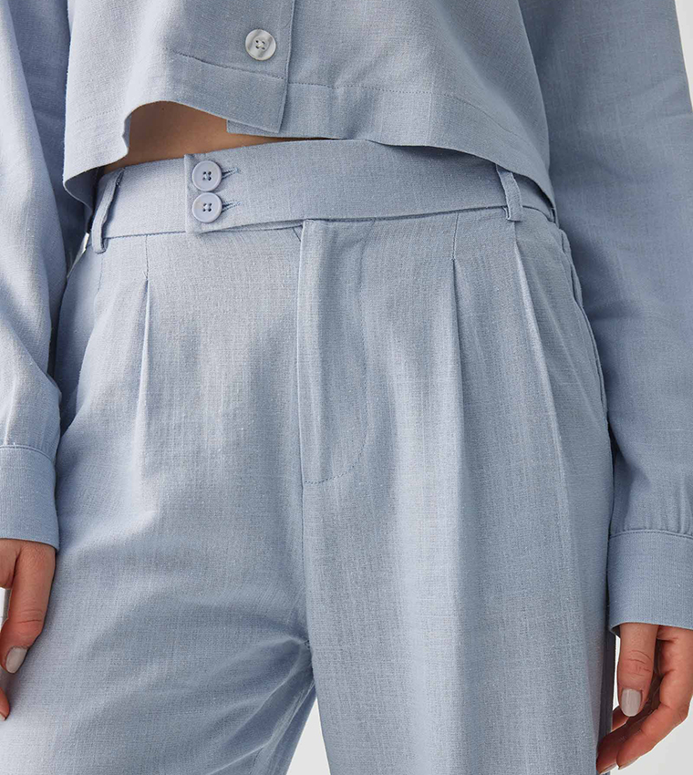 High Rise Linen Blend Pleated Trousers