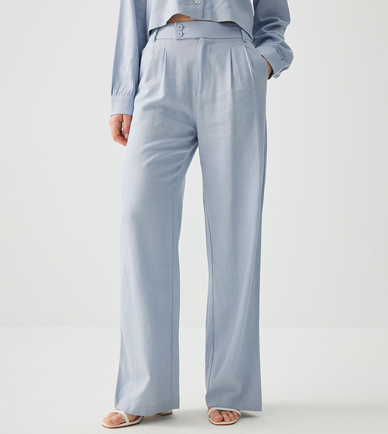 High Rise Linen Blend Pleated Trousers