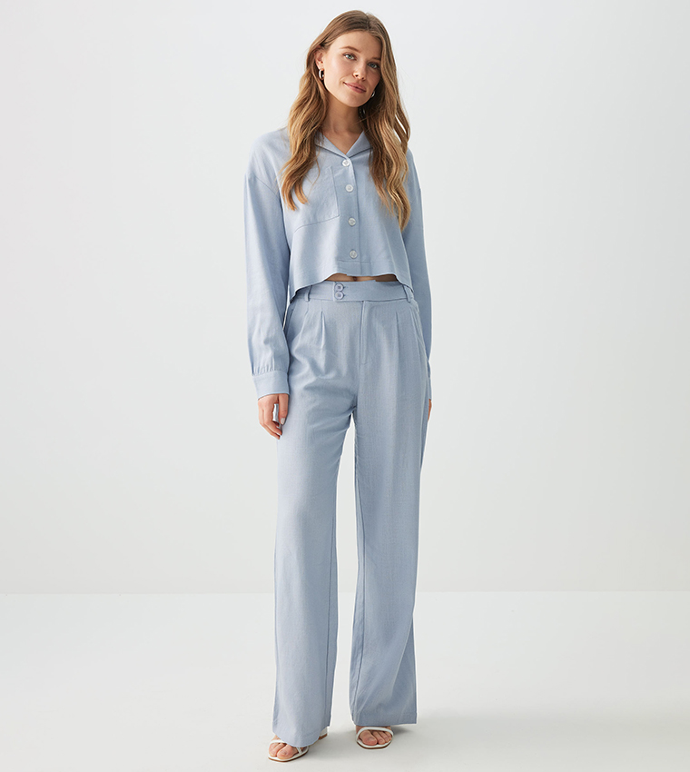 High Rise Linen Blend Pleated Trousers