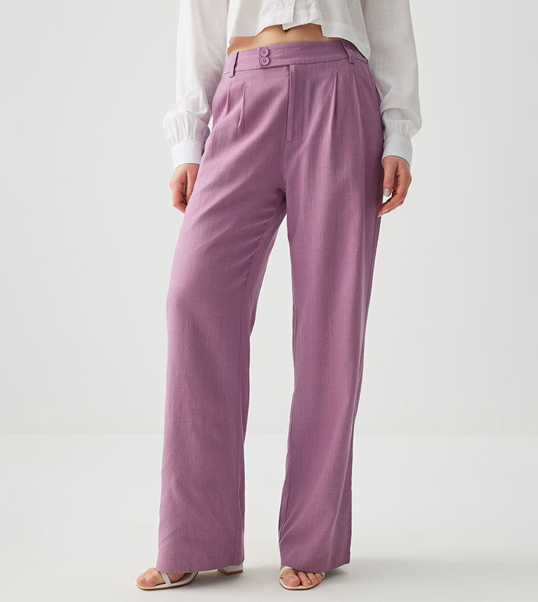 High Rise Linen Blend Pleated Trousers