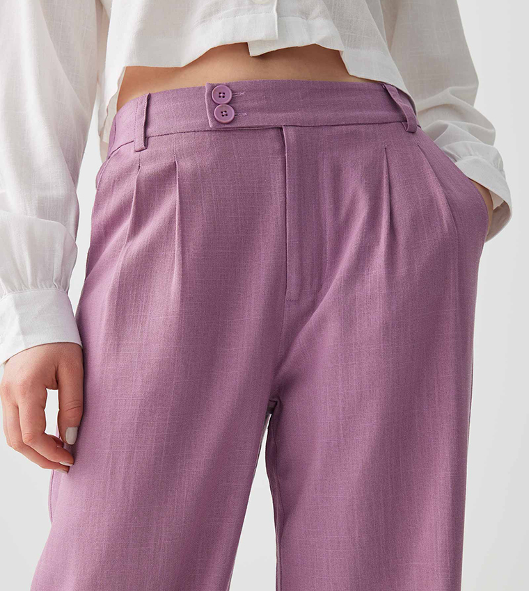 High Rise Linen Blend Pleated Trousers