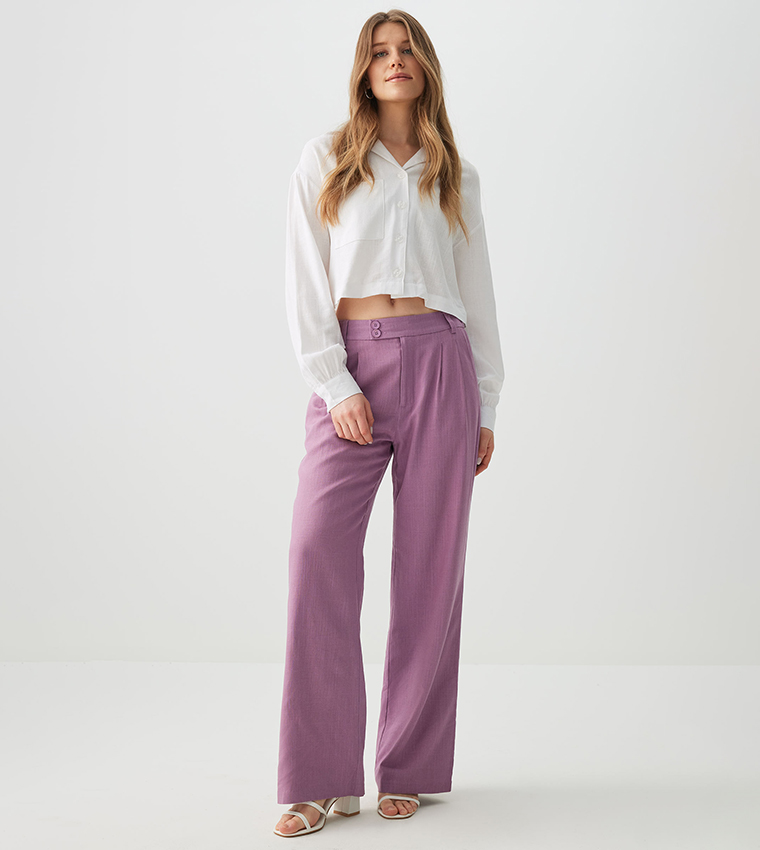 High Rise Linen Blend Pleated Trousers