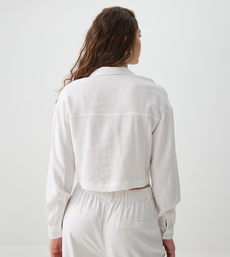 Solid Linen Blend Cropped Shirt