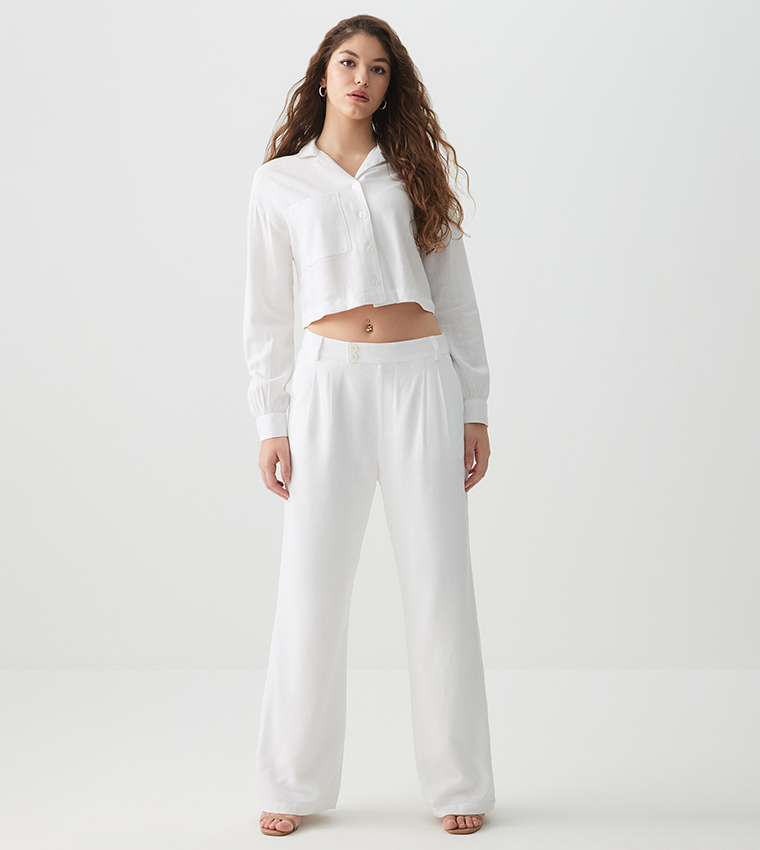 Solid Linen Blend Cropped Shirt