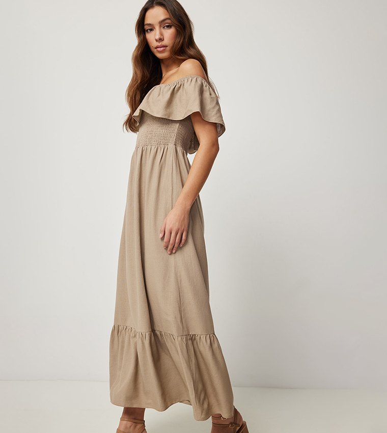 Linen Blend Off Shoulder Maxi Dress