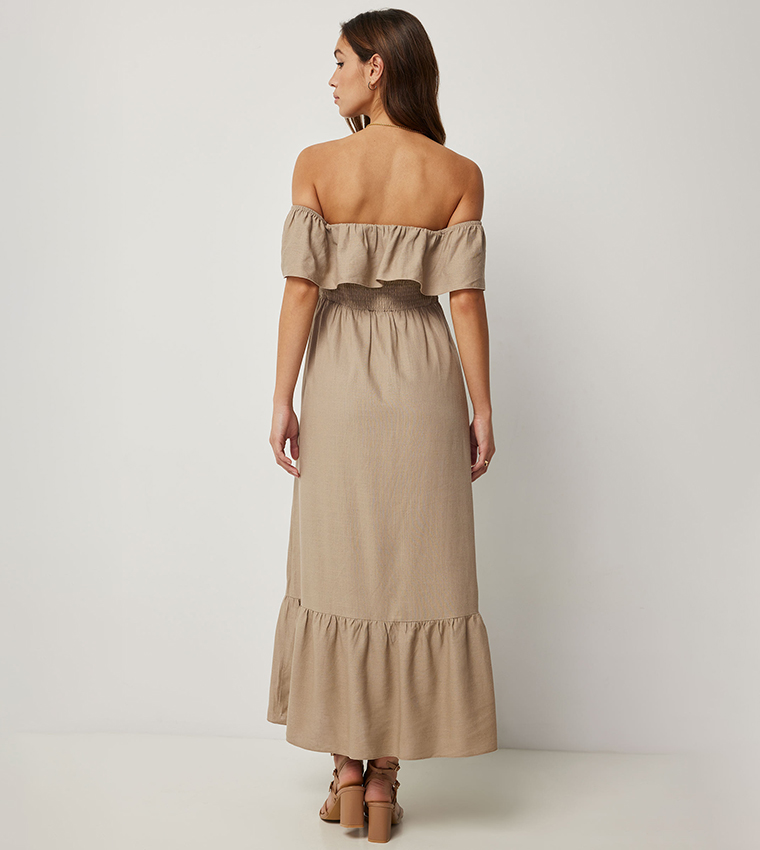 Linen Blend Off Shoulder Maxi Dress