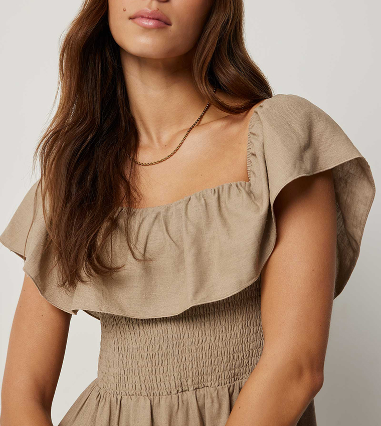 Linen Blend Off Shoulder Maxi Dress