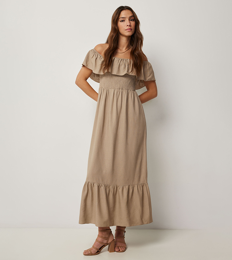 Linen Blend Off Shoulder Maxi Dress