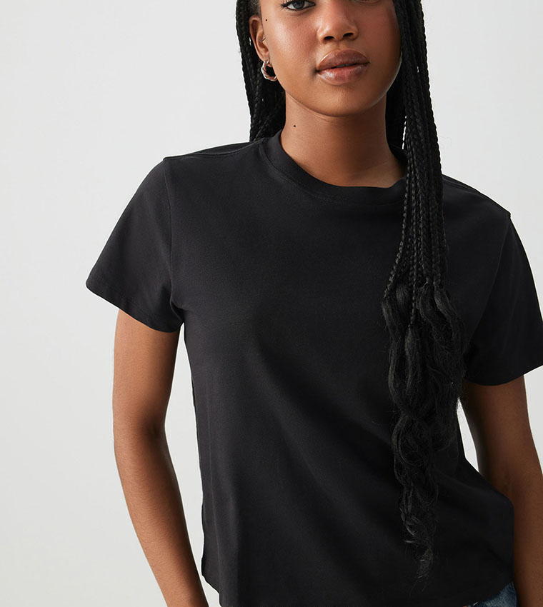 Solid Crew Neck Crop T-Shirt