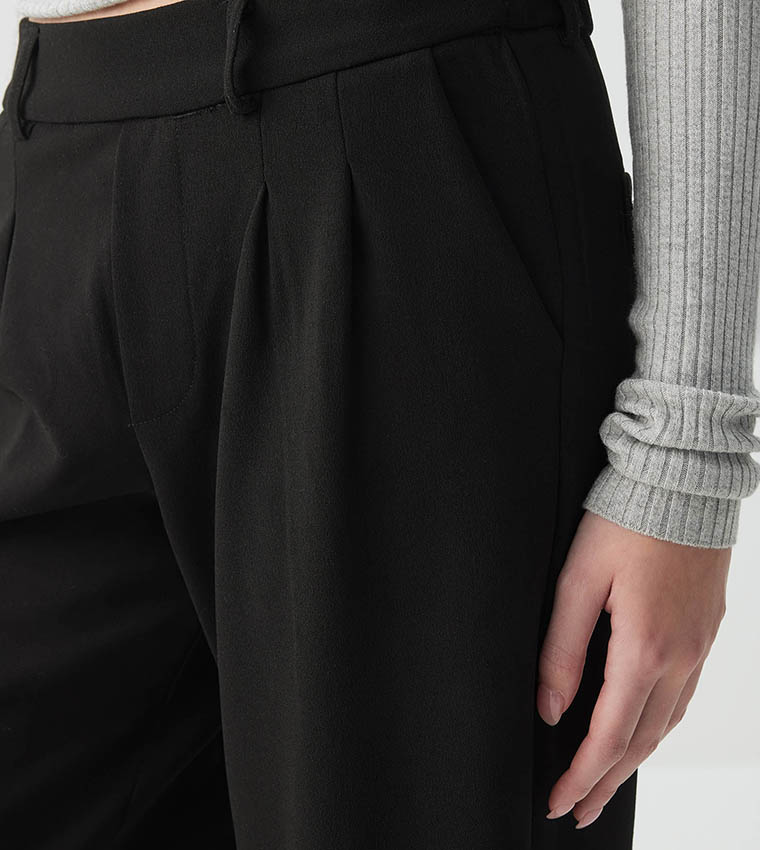 Solid Mid Rise Wide Leg Trousers