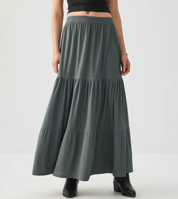 Solid Tiered Maxi Skirt