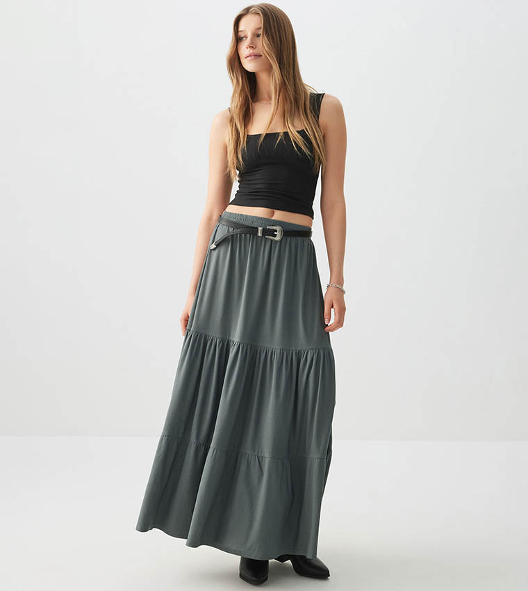 Solid Tiered Maxi Skirt