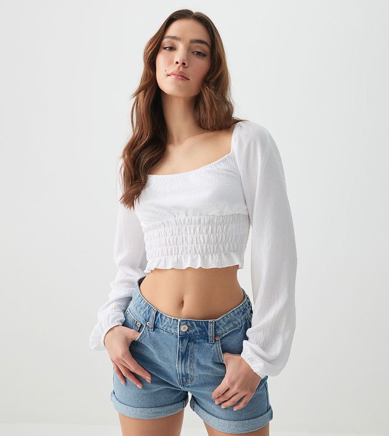 Textured Smocked Crop Top
