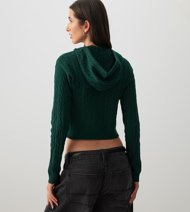 Cable Knit Hooded Cropped Cardigan
