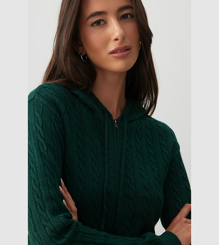 Cable Knit Hooded Cropped Cardigan