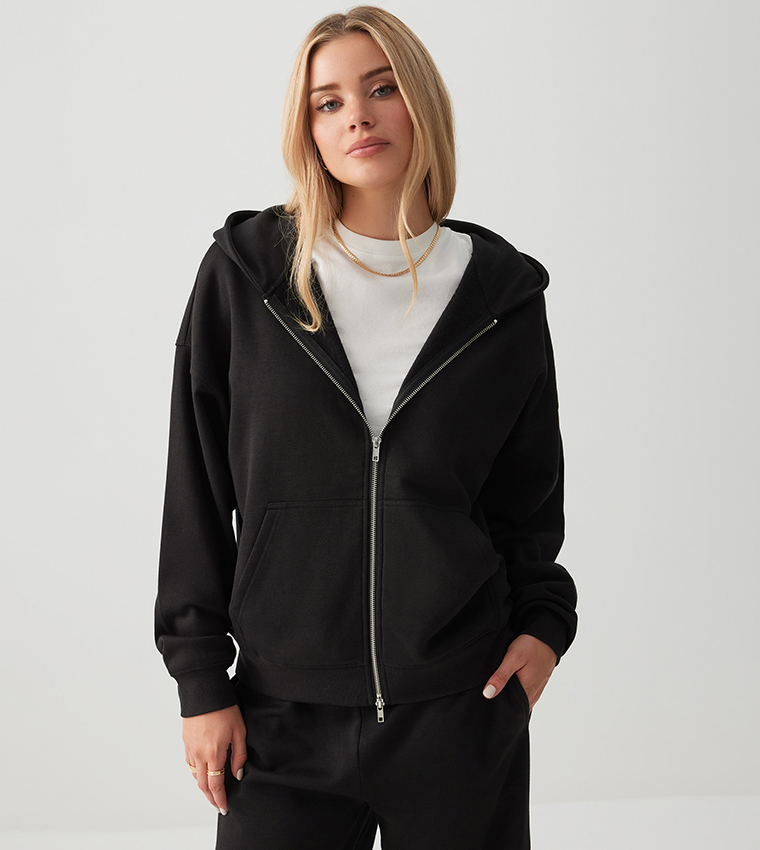 Solid Zippered Hooded Jacket