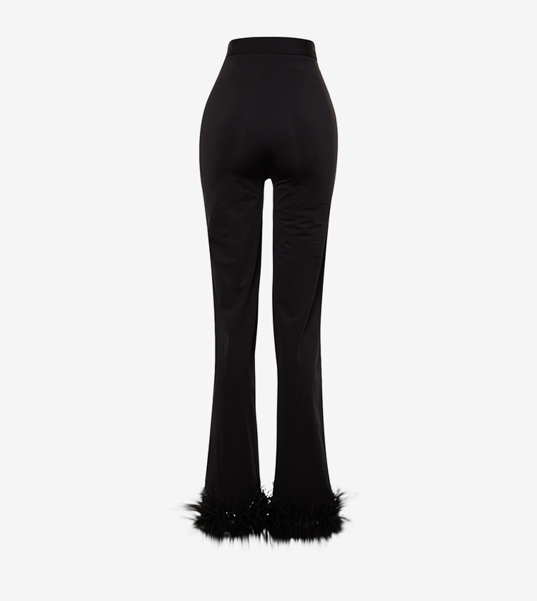 High-Rise Fringed Hem Trousers