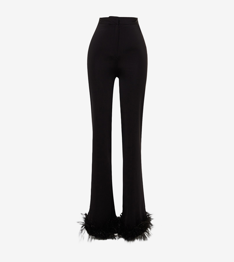High-Rise Fringed Hem Trousers