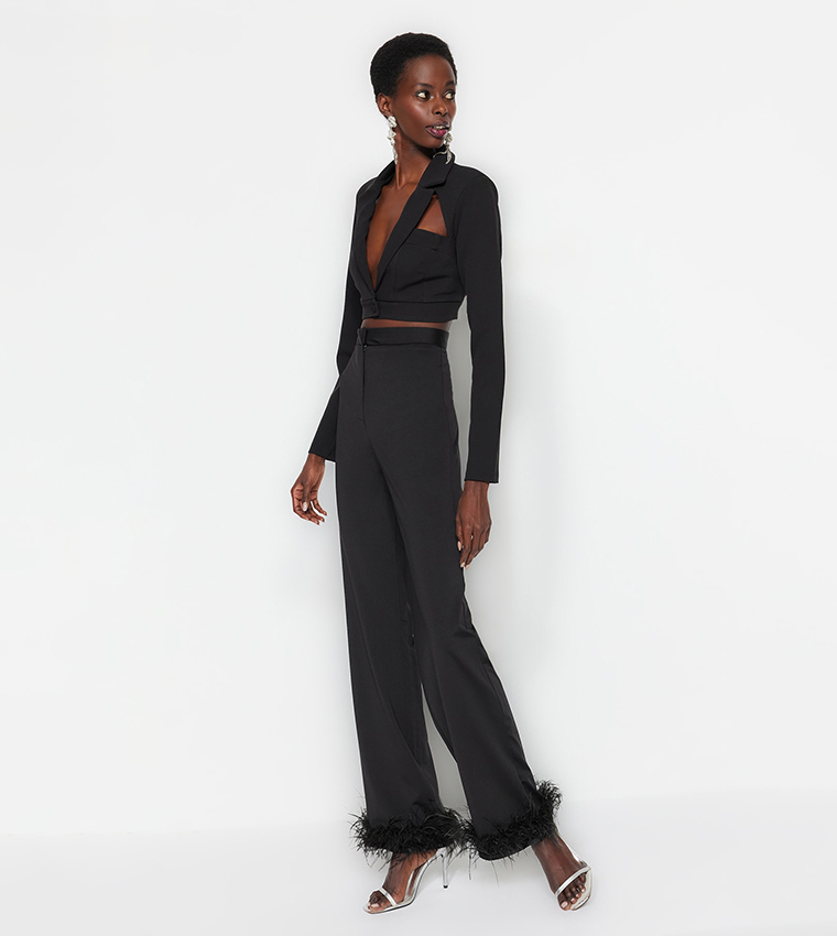 High-Rise Fringed Hem Trousers