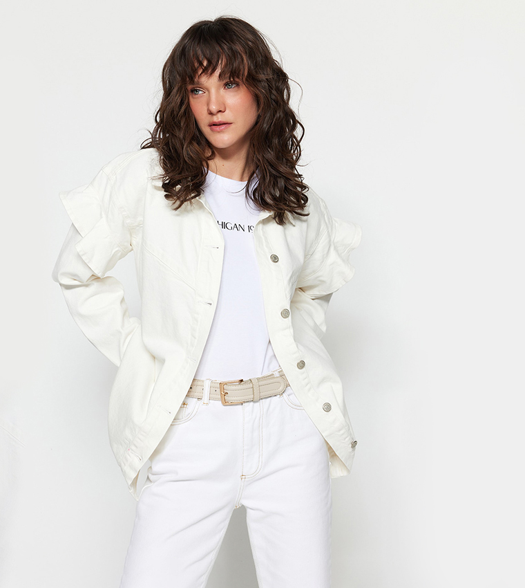 White ruffle best sale denim jacket