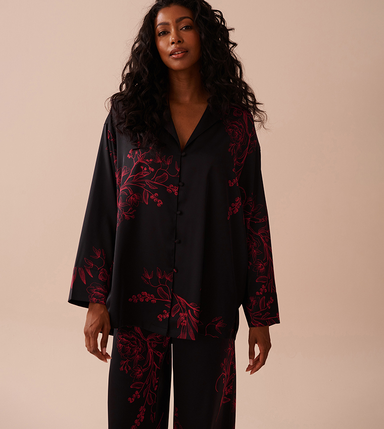 Dark Floral Print Satin Button-Down Shirt