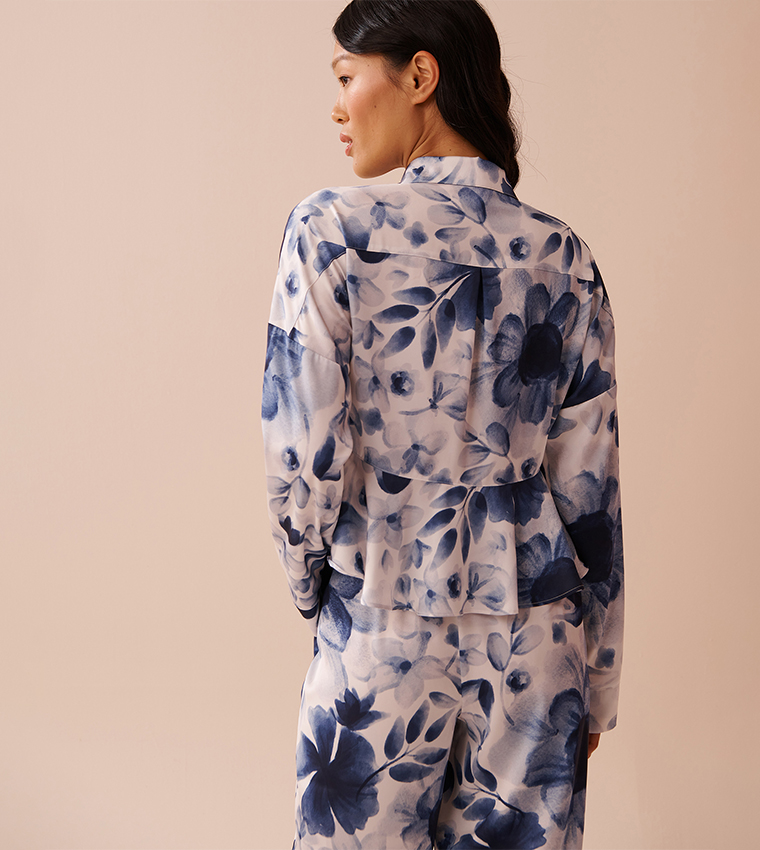 Blue Floral Print Satin Flared Button-Down Shirt