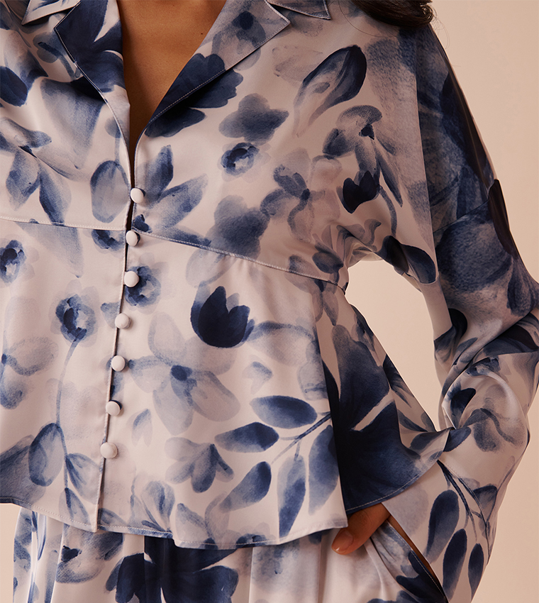 Blue Floral Print Satin Flared Button-Down Shirt