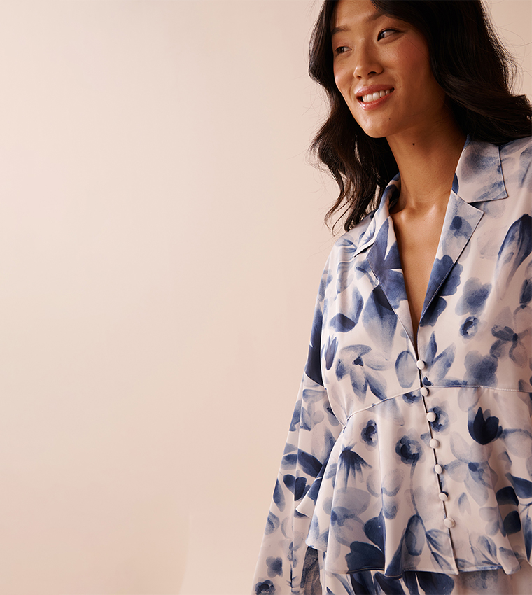 Blue Floral Print Satin Flared Button-Down Shirt