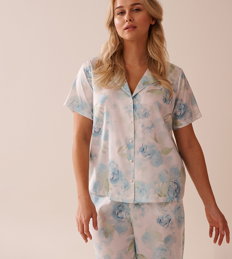 Blue Rose Print Satin Button-Down Sleep Shirt