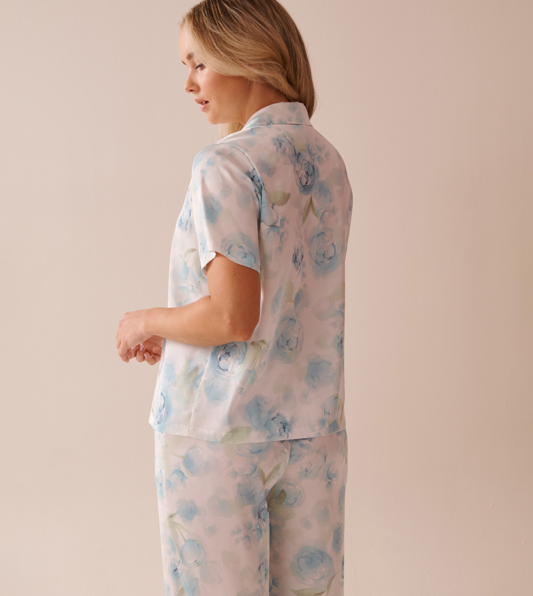 Blue Rose Print Satin Button-Down Sleep Shirt