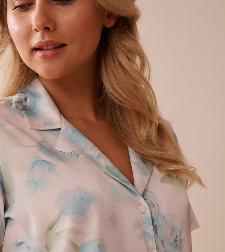 Blue Rose Print Satin Button-Down Sleep Shirt